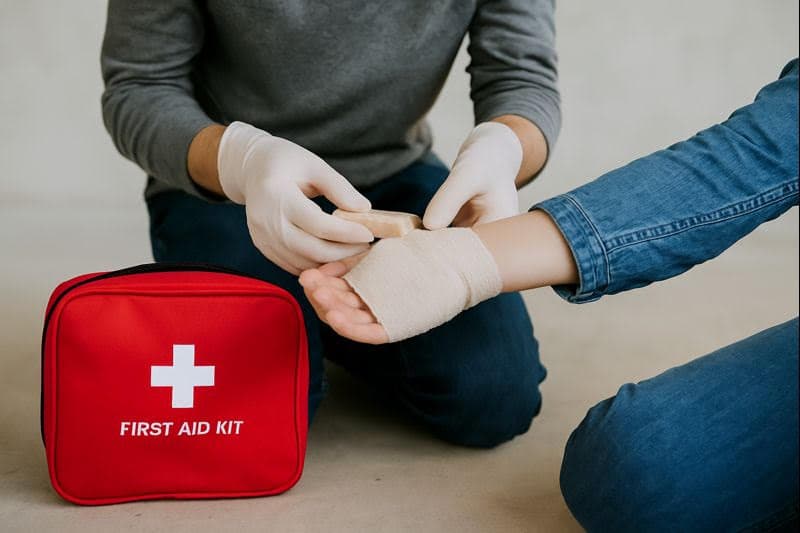 Instructor guiding first aid practice with manikin and AED trainer.